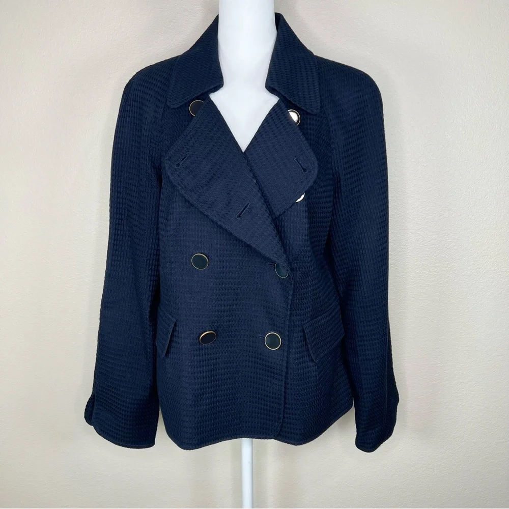Talbots Navy Blue 100% Cotton Waffle Weave Classic Double-Breasted Jacket - Picture 2 of 11